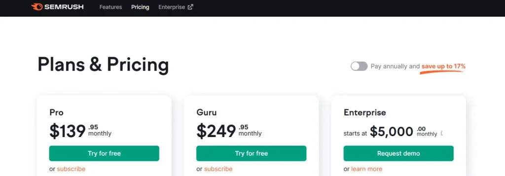 Pricing of SEMrush